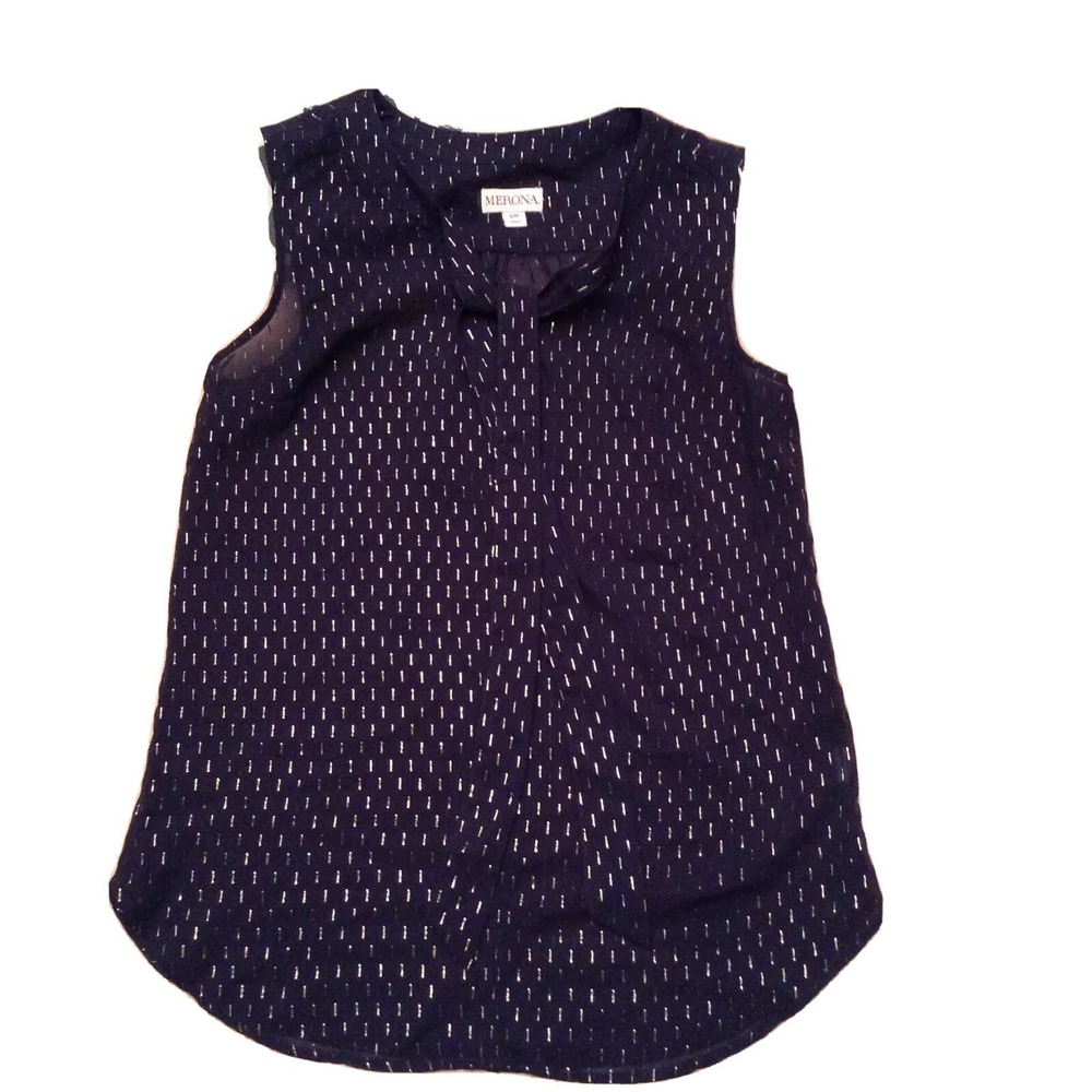 Merona Womens Navy Blue Gold Metallic Dash Sleeveless Chiffon Blouse Small